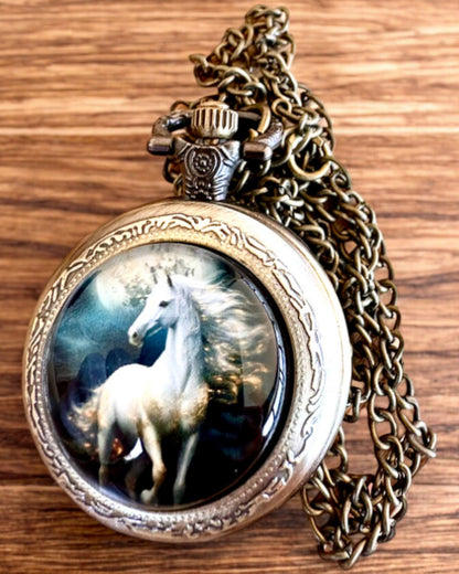 Reloj de bolsillo Unicorn Elegance con cadena, motivo de unicornio, grabado personalizado gratis