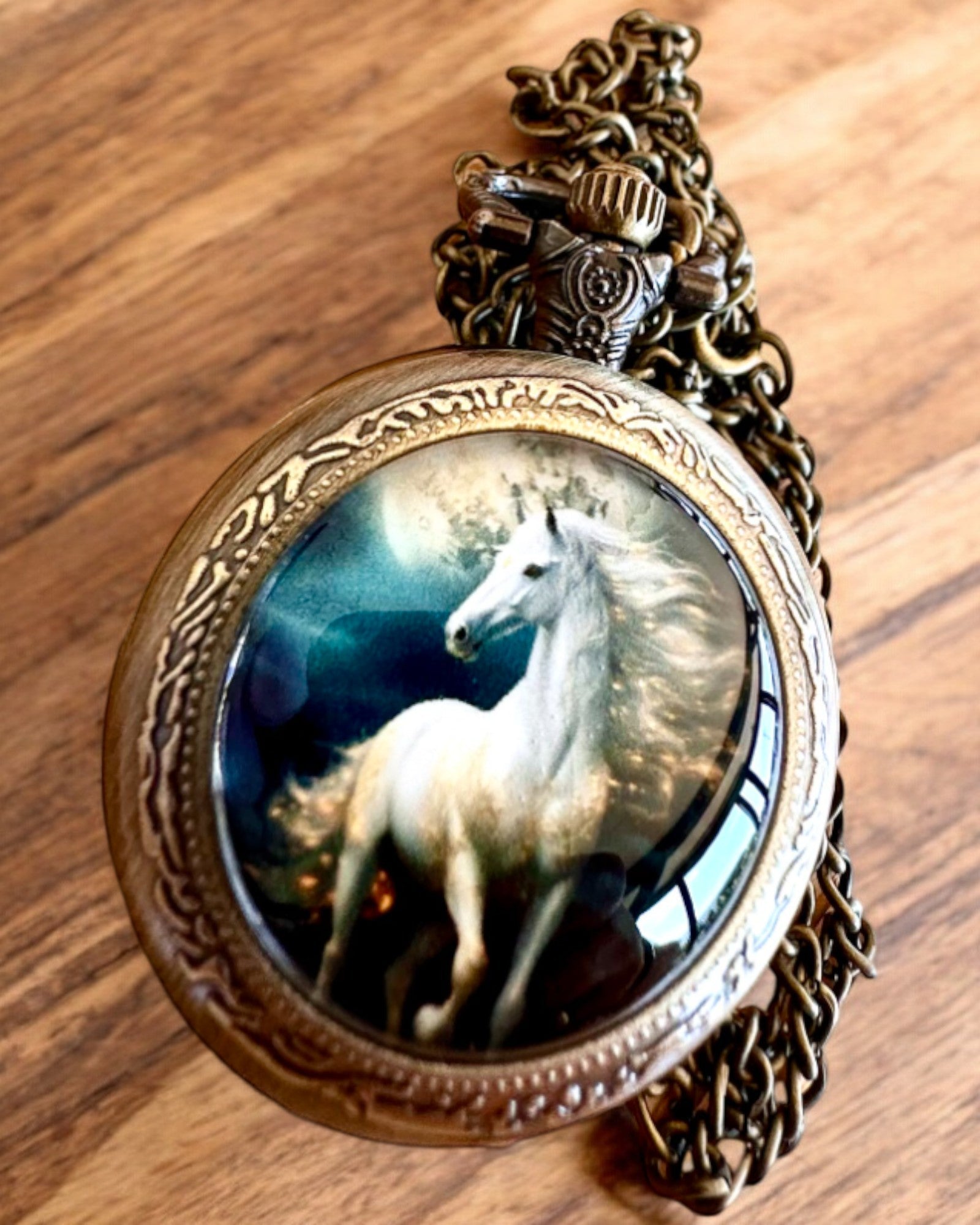 Reloj de bolsillo Unicorn Elegance con cadena, motivo de unicornio, grabado personalizado gratis