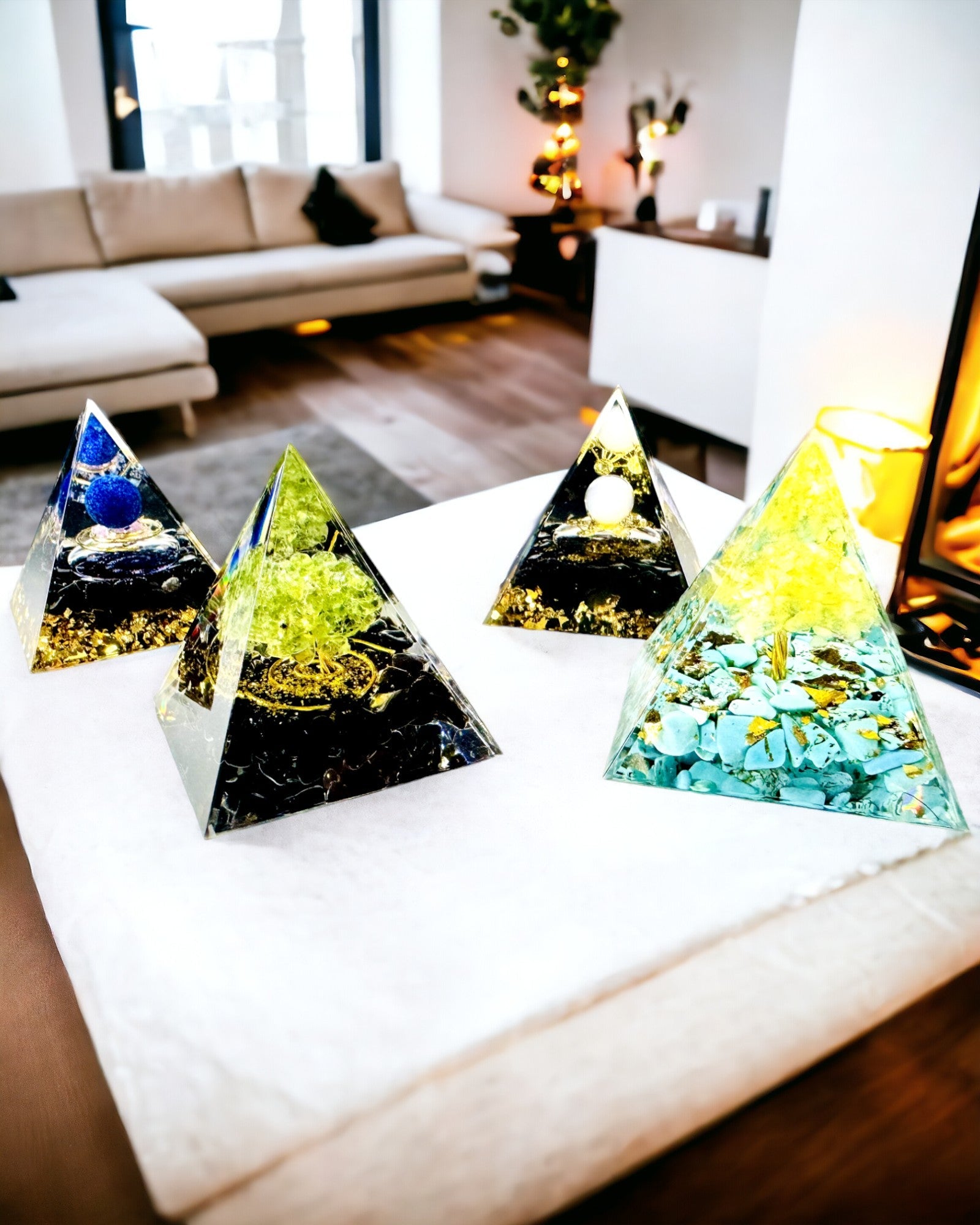 Piramide de Orgonita con Citrino y Turquesa – Generador de Energía Chakra, Herramienta Reiki, Decoración para Meditación