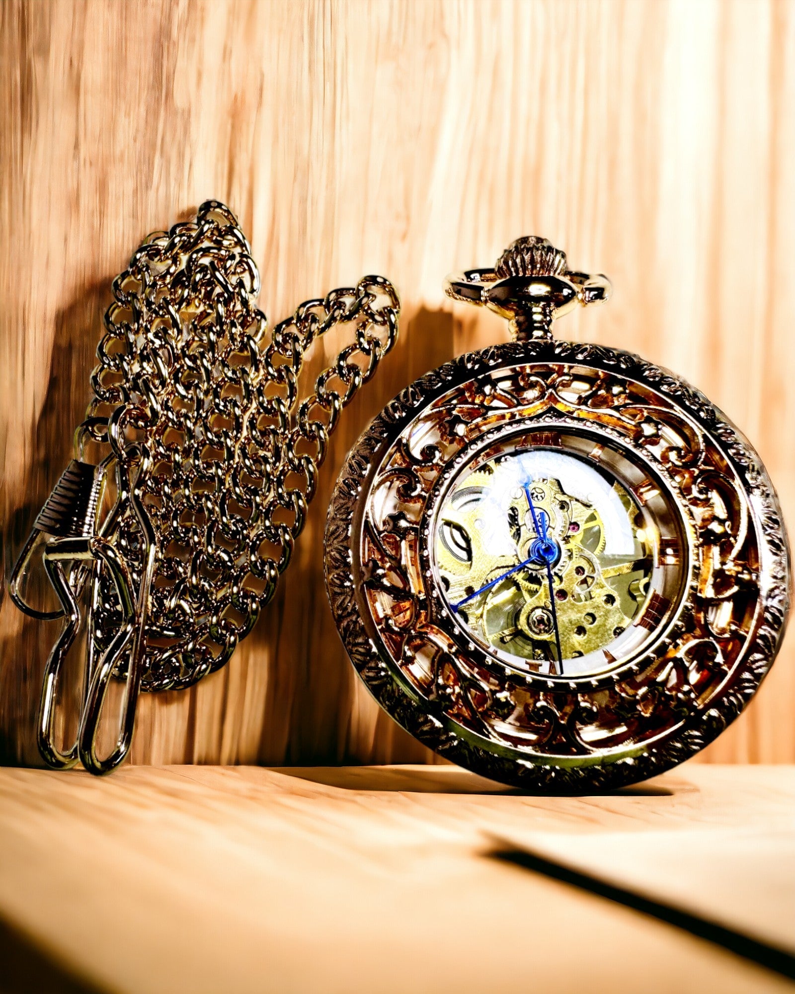 Reloj de bolsillo vintage con esfera transparente y mecanismo esqueleto