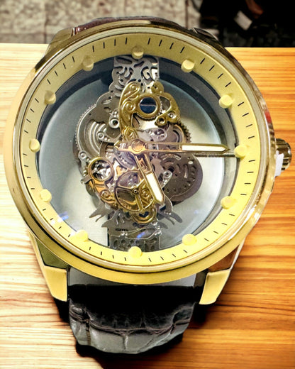 Reloj Masculino con Mecanismo Transparente - Elegancia y Precisión en Montura Dorada