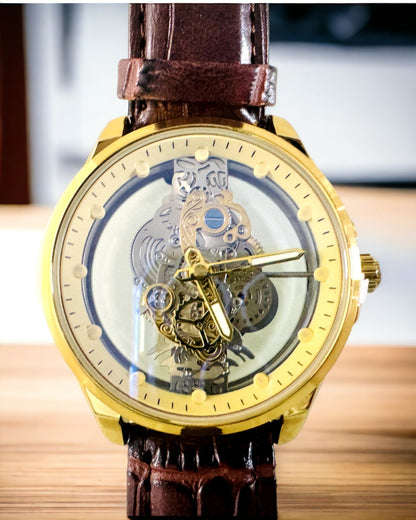 Reloj Masculino con Mecanismo Transparente - Elegancia y Precisión en Montura Dorada