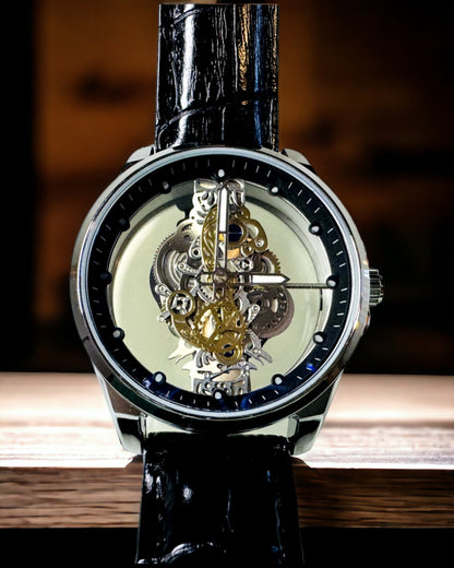 Reloj de Hombre de Cuarzo con Esfera Transparente - Elegancia Clásica en una Versión Moderna con correa negra. Personalización con grabado.