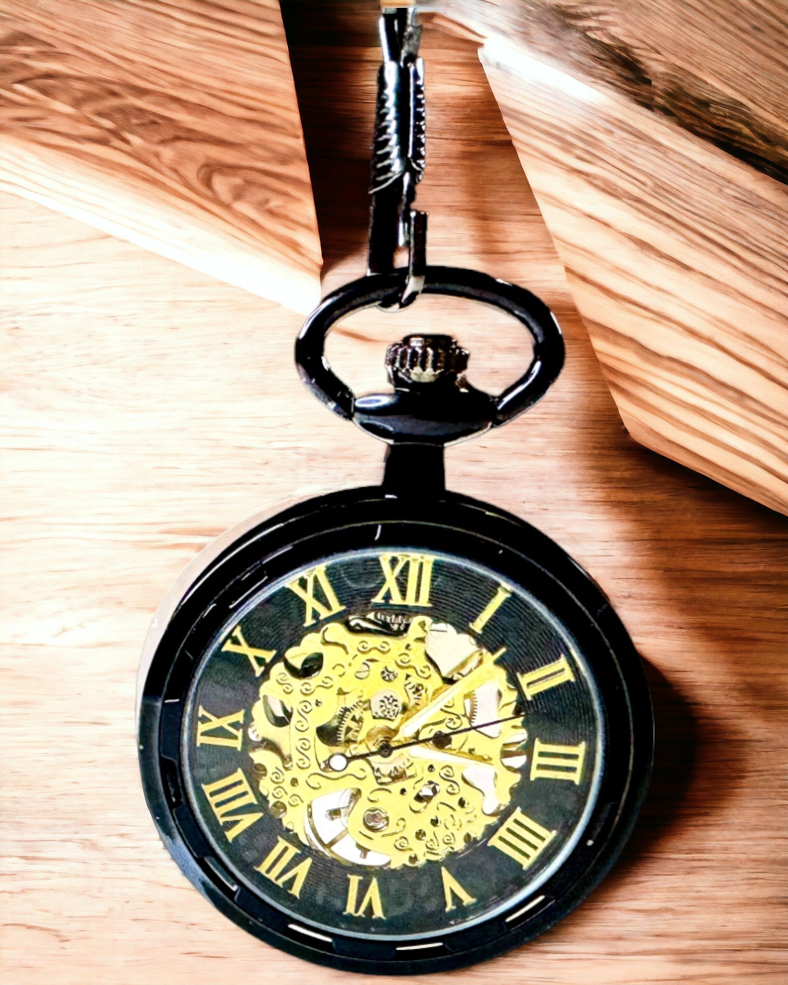 Reloj de bolsillo mecánico estilo retro, resistente al agua, semi-automático - color negro - ideal para regalo, grabado