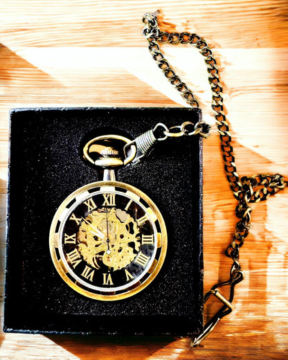 Reloj de bolsillo retro – Mecánico, Color oro cepillado con negro, Lujo, Impermeable, Semi-automático, personalización con grabado