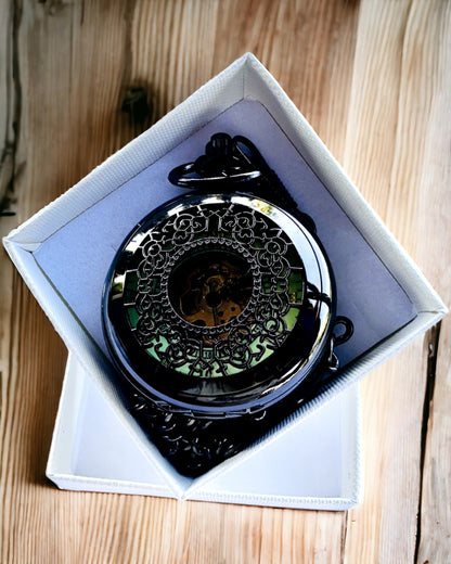 Reloj de bolsillo "Eterna Elegancia", regalo personalizado, grabado. Color negro.