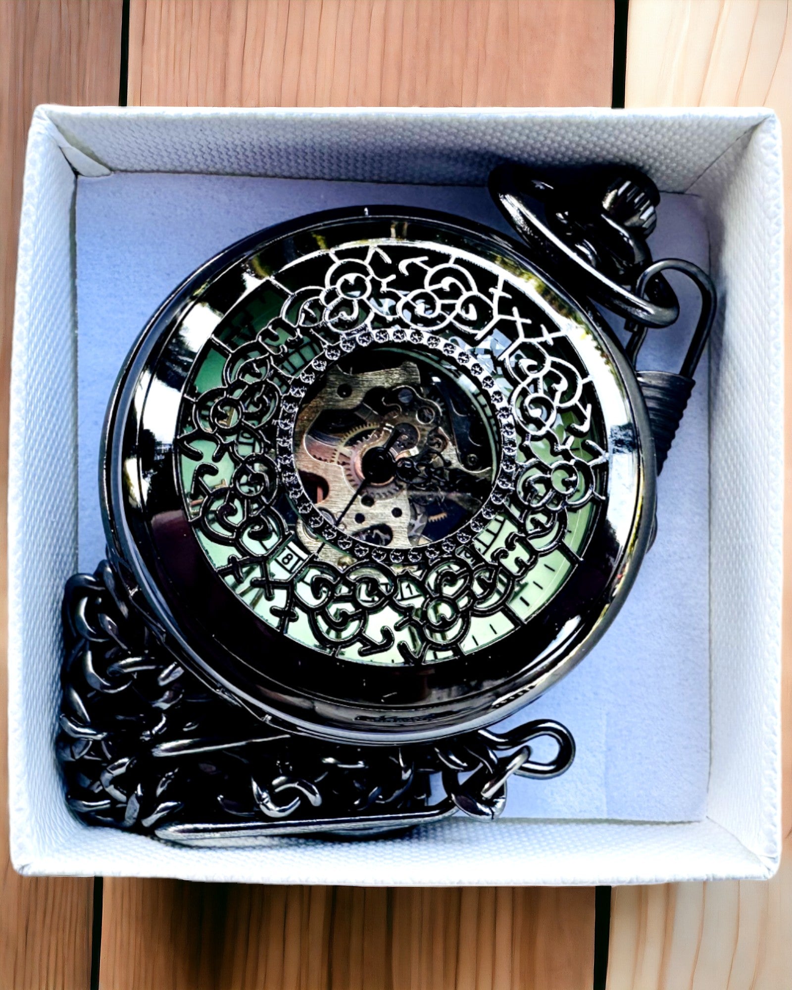 Reloj de bolsillo "Eterna Elegancia", regalo personalizado, grabado. Color negro.