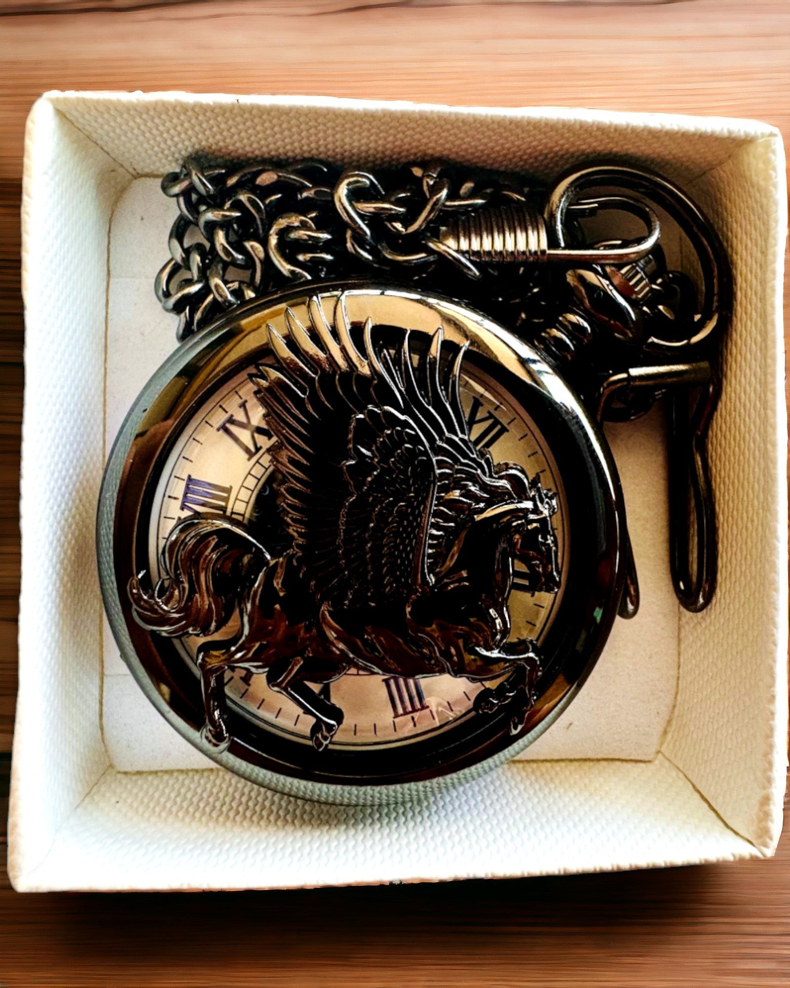 Reloj de bolsillo "Equus Tempus" - Negro con motivo de caballo, posibilidad de personalización con grabado - esfera blanca