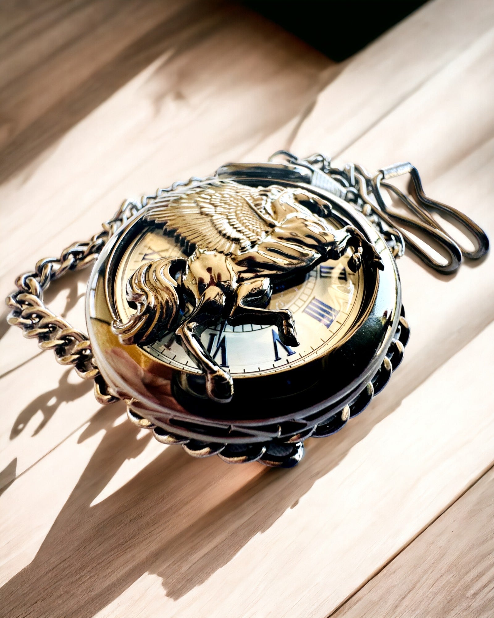 Reloj de bolsillo "Equus Tempus" - Negro con motivo de caballo, posibilidad de personalización con grabado - esfera blanca