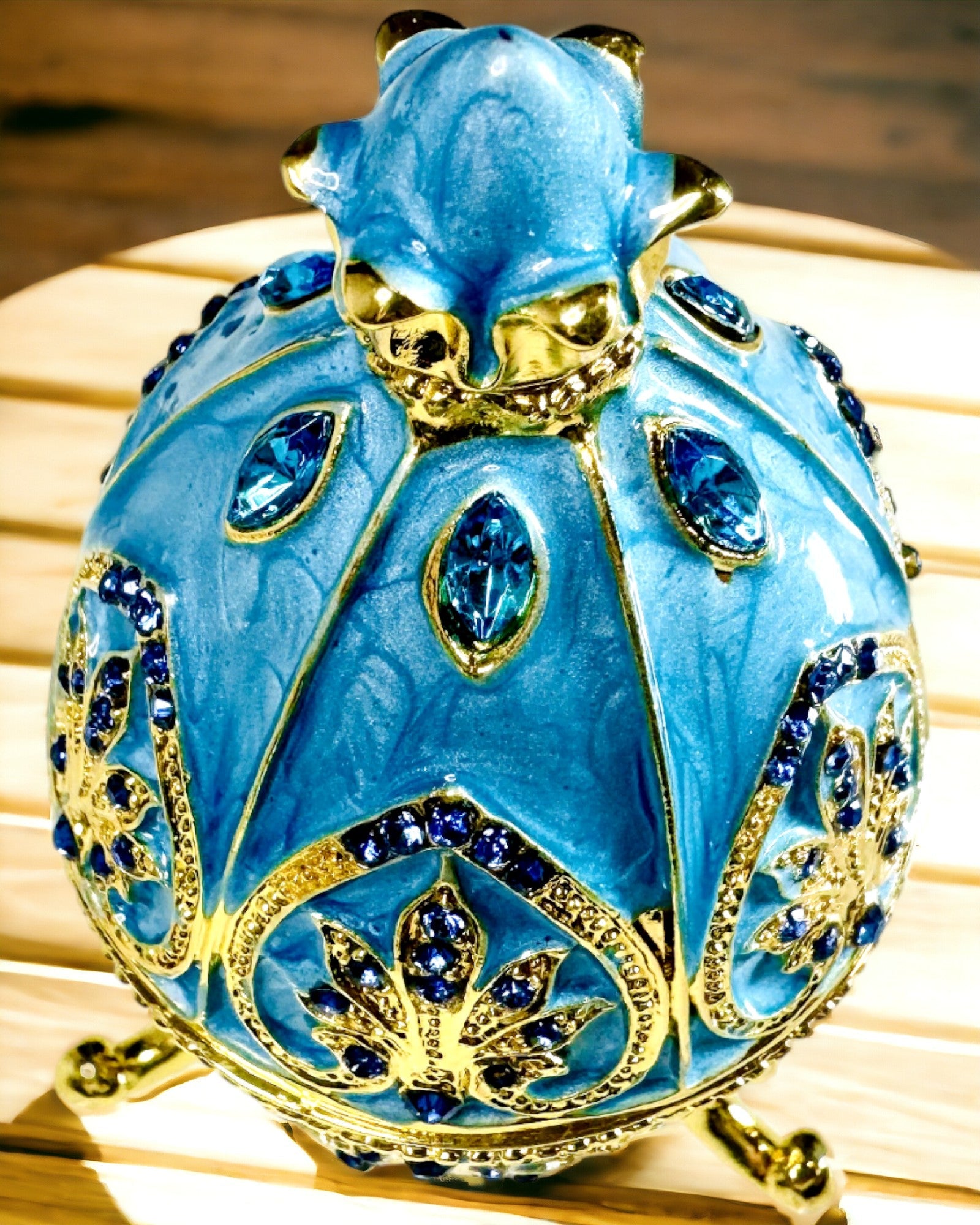 Huevo Fabergé Celestial – Organizador de Joyería Esmaltado - color azul cielo. Personalización con grabado.