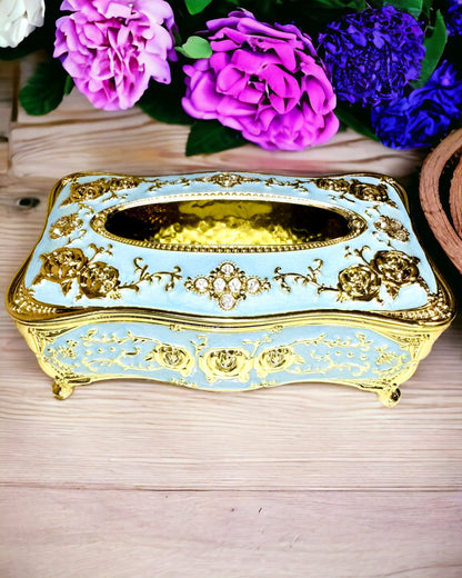 Caja de pañuelos de lujo con diseño de rosa en relieve y elegantes asas