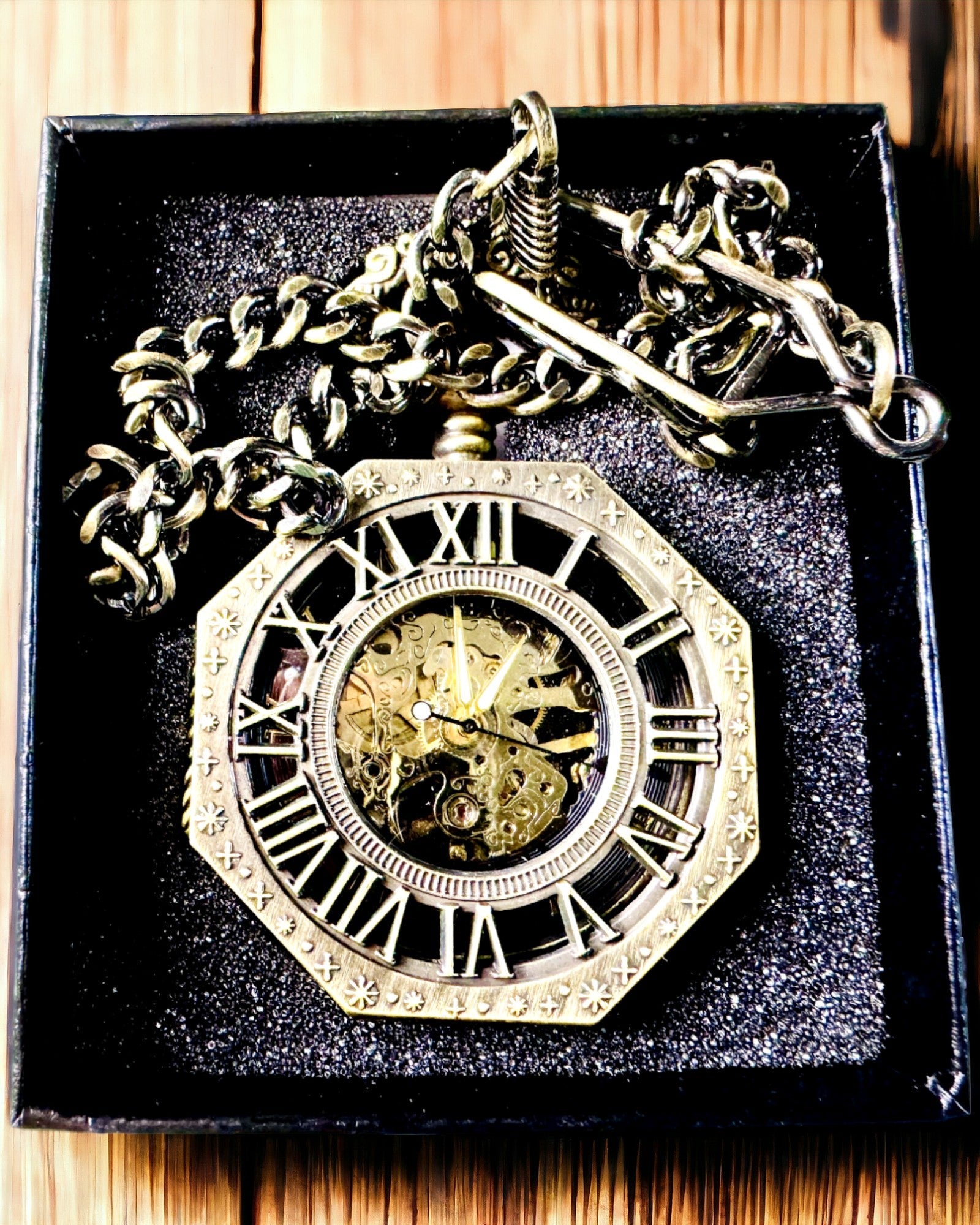 Reloj de bolsillo mecánico clásico octogonal color marrón estilo steampunk - Atemporal