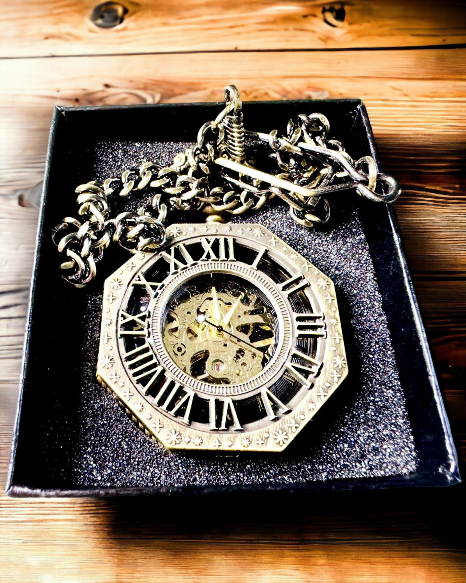 Reloj de bolsillo mecánico clásico octogonal color marrón estilo steampunk - Atemporal