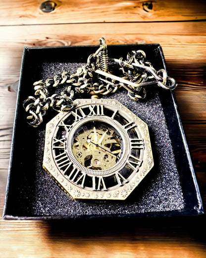 Reloj de bolsillo mecánico clásico octogonal color marrón estilo steampunk - Atemporal