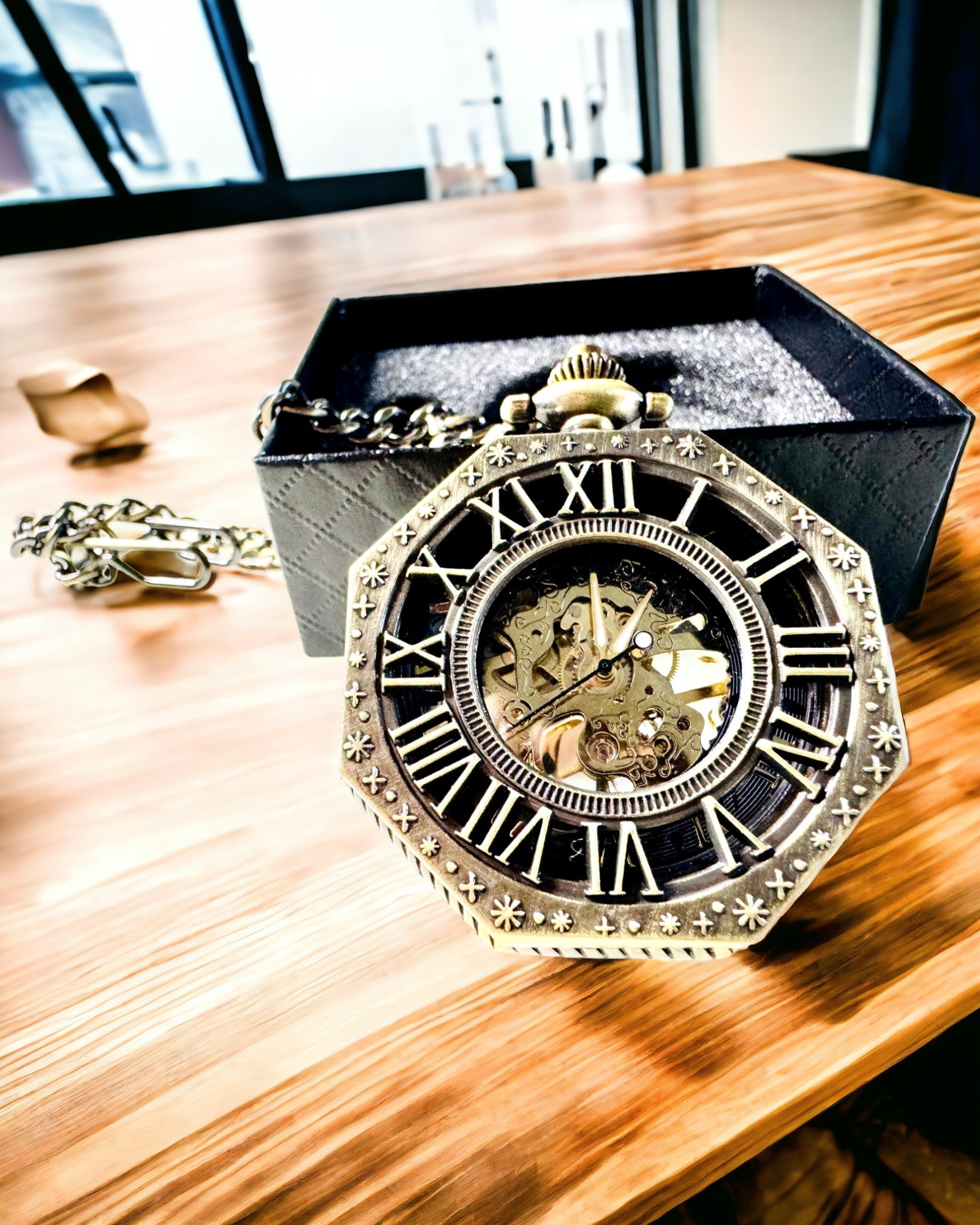 Reloj de bolsillo mecánico clásico octogonal color marrón estilo steampunk - Atemporal