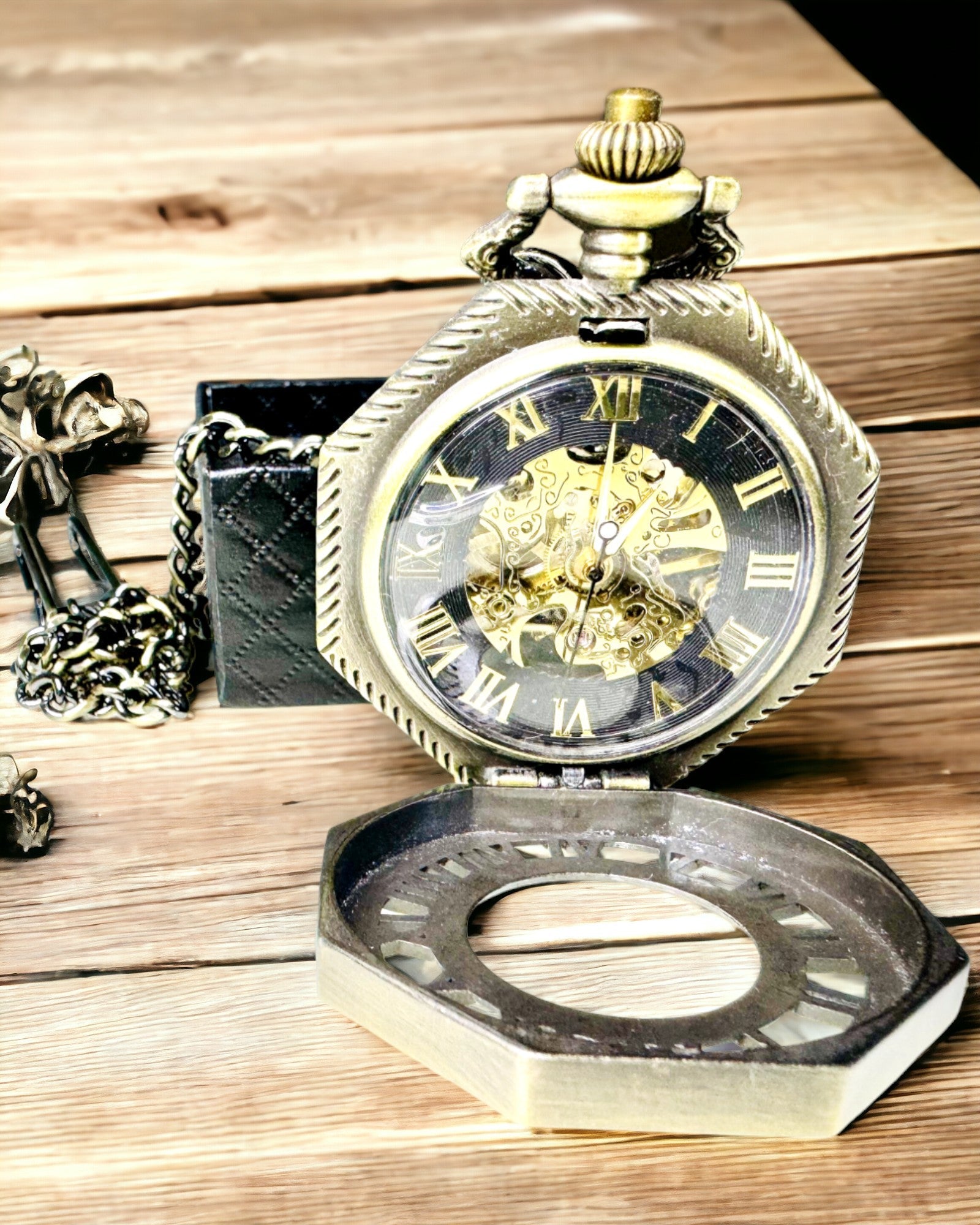 Reloj de bolsillo mecánico clásico octogonal color marrón estilo steampunk - Atemporal