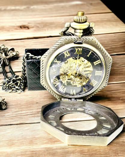 Reloj de bolsillo mecánico clásico octogonal color marrón estilo steampunk - Atemporal