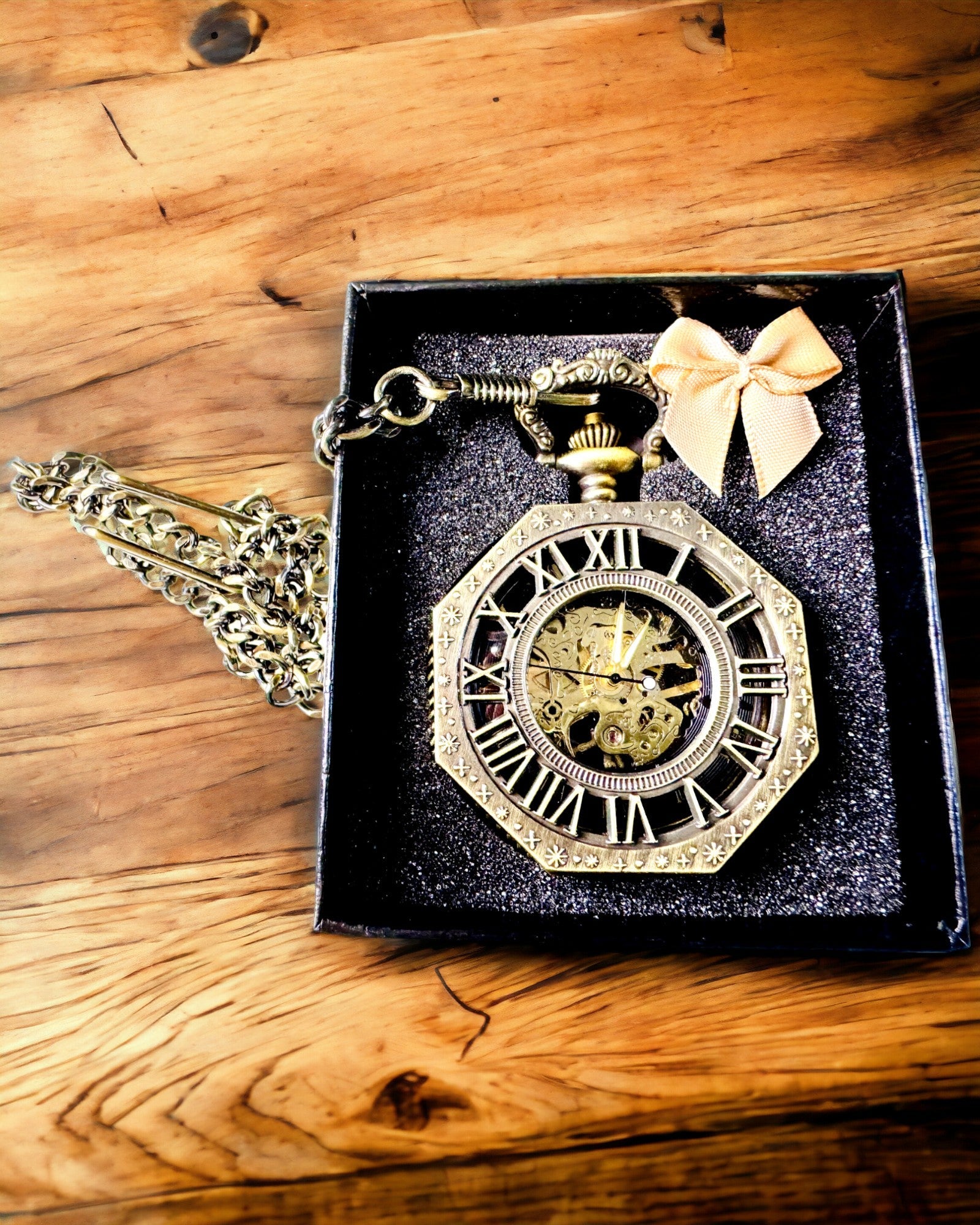 Reloj de bolsillo mecánico clásico octogonal color marrón estilo steampunk - Atemporal